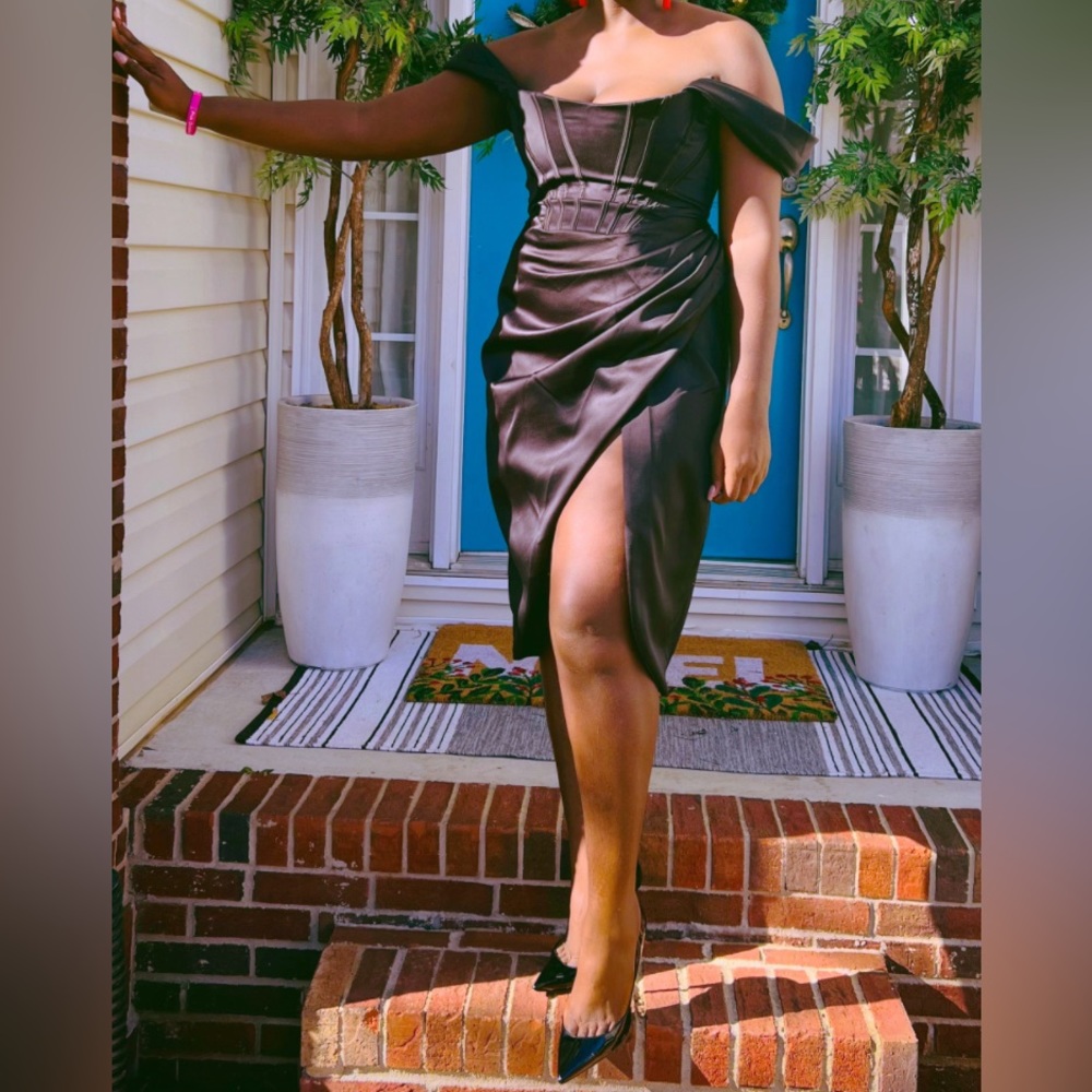 House of CB LORETTA 
BLACK SATIN OFF SHOULDER DRESS